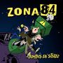 "Zona 84" und "Bombas en Stereo" in gelber Schrift. Illustration von Comic-Figuren, die in Chaos verwickelt sind, im Weltraum., CD