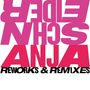 REWORKS & REMIXES in schwarzem Text, darunter "ANJA" in fetten roten Buchstaben, oben "SCHNEIDER" spiegelverkehrt., 3 LPs