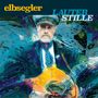 "elbesegler LAUTER STILLE" ist der Text. Illustration eines Mannes in Uniform mit Gitarre, umgeben von abstrakten Farben., CD