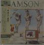 Texte: "サムソン", "SHM-CD", "BELLE 264425".   
Illustration: Vier steinerne Cowboys, ein Muskelprotz, und ein Vogelkopf im Fernseher., CD
