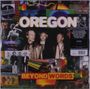 OREGON, BEYOND WORDS. Vintage-Foto von drei Männern in Lederjacken, umgeben von bunten, abstrakten Bildern und Collagen., LP