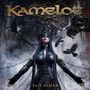 „KAMELOT“ oben, „dark asylum“ unten. Frau in Lederoutfit, Augenbinde, ausgebreitete Arme, umgeben von fliegenden Raben., CD