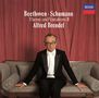 Text: "Beethoven · Schumann Theme and Variations II Alfred Brendel". Mann in Anzug auf Sofa, roter Vorhang im Hintergrund.