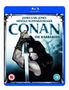 "James Earl Jones, Arnold Schwarzenegger. Conan The Barbarian. Mann mit Schwert, Totenköpfe am Rand."