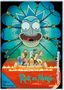 "Rick and Morty Staffel 9". Große, wütende Cartoon-Gesicht im Zentrum, Figuren auf einem Floß in Lava unten.