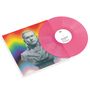 Text: HOLLY JOHNSON, "Love and Liberation", BMG Rights Management. Eine pinke Vinylplatte, Porträtbüste vor Regenbogen., Single 12"