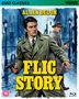 "CULT CLASSICS", "ALAIN DELON", "FLIC STORY". Illustration von zwei Männern mit Waffen in Mantel vor einer blauen Stadtkulisse.