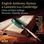 Text: "English Anthems, Hymns & Laments from Cambridge". Ein aufgeschlagenes Buch mit grünem Federkiel., CD