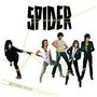 Text „SPIDER“ oben, „BETWEEN THE LINES“ unten. Fünf Personen posieren lässig, verbunden durch gelbe Linien., CD