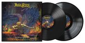 Text: "Judas Priest", "Sad Wings of Destiny", "Remixed & Remastered". Illustration: Engel kniend vor Flammen, dunkle Farbe. Zwei Vinyl-Schallplatten., 2 LPs