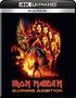 Text oben: "4K ULTRA HD 4K ULTRA HD". Text unten: "IRON MAIDEN BURNING AMBITION". Illustration zeigt Flammen und Gesichter., Ultra HD Blu-ray