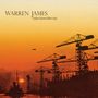 "Warren James, tales from film city." Illustration: Kräne und ein Schiff bei Sonnenuntergang, mit einem fliegenden Flugzeug., LP