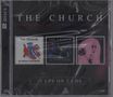 CD-Hülle mit Text: "THE CHURCH", "3 LPS ON 2 CDS", Bilder dreier Alben: "of skins and heart", "THE BLURRED CRUSADE", "SEANCE".