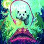 Ein Panda ist in einer bunten, surrealen Unterwasserszene mit leuchtendem Licht und einer riesigen Kreatur dargestellt., LP