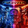 Text: "FORBIDDEN". In der Mitte ein leuchtender Schädel mit elektronischem Auge, umgeben von blauen und roten Figuren.