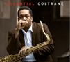 "ESSENTIAL COLTRANE" in roten und weißen Buchstaben. Ein Mann in Anzug hält ein Saxophon, den Kopf nachdenklich gestützt., CD