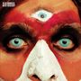 Logo "Dirty Sound Magnet"; Gesicht mit intensiv bemalten Augen, roten und weißen Gesichtsbemalungen und hypnotischen blauen Augen., LP