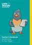 "Teacher’s Handbook Handwriting for Key Stage 1" zeigt eine Illustration eines Vogels mit Stift und Block auf blauem Hintergrund., Buch