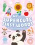 "My Supercute First Words" steht groß in der Mitte. Illustrationen: Panda, Rakete, Sonnenblume, Löwe, Katze, Apfel.
