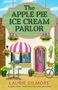 "The Apple Pie Ice Cream Parlor" Schriftzug; draußen Tische, Stühle, ein Fahrrad, Blumen und ein sich sonnender weißer Kater., Buch