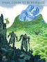 Oben steht "FINAL COVER TO BE REVEALED". Zwei Roboter schauen auf grüne Hügel und einen blauen Berg., Buch