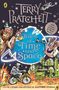 "Terry Pratchett. Tales of Time and Space. Bunter Affe, Astronaut, Mann mit Fernrohr, futuristische Landschaft.", Buch