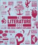 "The Literature Book: Big Ideas Simply Explained" in großer Schrift. Rote Illustrationen von symbolischen Szenen umrahmen die Zitate., Buch