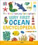 "VERY FIRST OCEAN ENCYCLOPEDIA" mit bunten Meeresillustrationen wie Seepferdchen, Fisch, und Leuchtturm. 