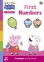 „First Numbers“ steht oben. Zwei Tiere halten einen Würfel und einen Ballon. Bunte Cupcakes und ein Ballon sind abgebildet.