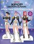 Texte: "KPOP DEMON HUNTERS", "Official Paper Dolly Dress-up Book". Illustration mit drei stilisierten Figuren in K-Pop-Kostümen.