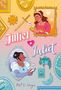 "Juliet + Juliet" in verspielten Schriftarten, zwei Frauen in Bilderrahmen, beide schauen auf ihre Handys mit Herz-Symbol.