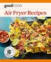 Texte: "goodFOOD" und "Air Fryer Recipes". Ein Teller mit bunten Nachos, Salsa, Fleisch und Limette auf blauem Untergrund., Buch