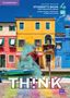 "SECOND EDITION STUDENT'S BOOK 4 CEFR B2 THINK! Bunter Hintergrund mit tanzender Person, Farbwolken, bunte Häuser."