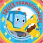 „TRUCK TRANSFORMERS“ steht oben in Rot auf einem bunten Hintergrund. Ein lächelnder Bagger ist in der Mitte zu sehen.