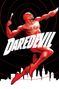 Text "DAREDEVIL". Illustration eines stilisierten roten Helden mit Stäben, über einer Stadtsilhouette und roten Kreisen., Buch