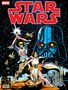 "STAR WARS" in großen roten Buchstaben. Figuren mit Lichtschwert und Blaster, ein großer Helm im Hintergrund., Buch