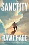 "Sanctity", "A Novel", "Rawi Hage". Ein Mann geht auf einer dekorativen Fläche, umgeben von pastellfarbenen Wolken., Buch