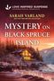 "Mystery on Black Spruce Island"; stimmungsvolle Waldhütte an einer felsigen Küste mit stürmischen Wellen im Sonnenuntergang.
