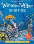 "Winnie and Wilbur: The Big Storm." Frau mit buntem Schirm und Katze auf einem Dampfschiff im Regen, lustige Illustration., Buch