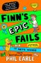 Text: "Finn's Epic Fails 3, Cover Coming Soon." Illustration mit orange-grüner Hintergrundgestaltung., Buch