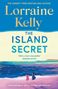 „THE ISLAND SECRET“ von Lorraine Kelly. Zwei Personen am Strand, blau-pinkes Farbschema., Buch