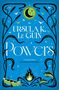 „URSULA K. LE GUIN Powers“ auf blauem Hintergrund, schwarze Pflanzenmuster, grüner Mond, Vögel, grüne Flammen., Buch
