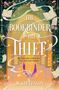 "The Bookbinder & The Thief. She didn't plan to fall in love. Now she's stuck with him. M. Stevenson." 

Eine farbenfrohe Illustration einer Bibliothek mit schwebenden Büchern und Blumen., Buch
