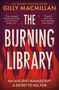 "THE BURNING LIBRARY" in großen Buchstaben, rote Flammen, Name der Autorin oben, Zitate von Autoren links und rechts.