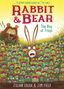 „Rabbit & Bear: The Bog of Frogs“. Ein Bär und ein Hase schauen überrascht aus hohem Gras auf viele Frösche., Buch
