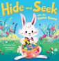 "Hide-and-Seek with the Easter Bunny." Ein fröhlicher Hase hält einen bunten Osterkorb, umgeben von Blumen und lebhaften Farben., Buch