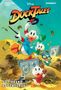 Oben steht "DUCKTALES", darunter "VOL. 2: OUT THERE ADVENTURES". Eine fröhliche Entenschar mit Geld und Tresoren., Buch