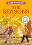 Text: "NEED TO KNOW THE SEASONS", "INCLUDES FUN QUIZZES AND PROJECT IDEAS". Zwei Kinder spielen in herbstlichen Blättern.