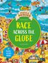 "Race Across the Globe" und "10 Puzzle Scenes Inside" in großer, auffälliger Schrift. Lebhafte Strandillustration.