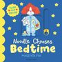 „Slide and Decide“ und „Noodle Chooses Bedtime“. Illustration: Roter Hund in Pyjama mit Spielzeug., Buch